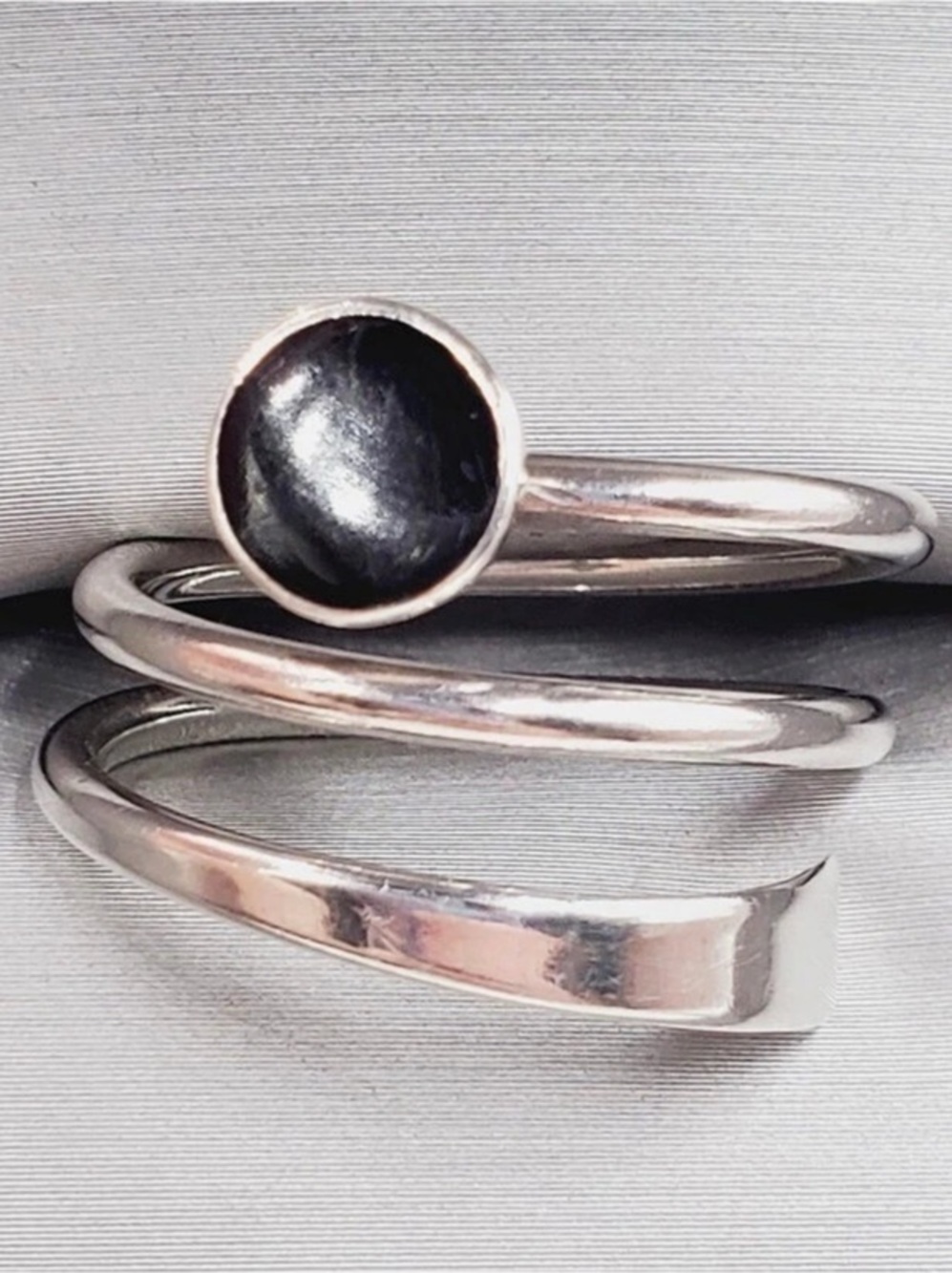 Spiral Cuff Silver Ring with Black Onyx